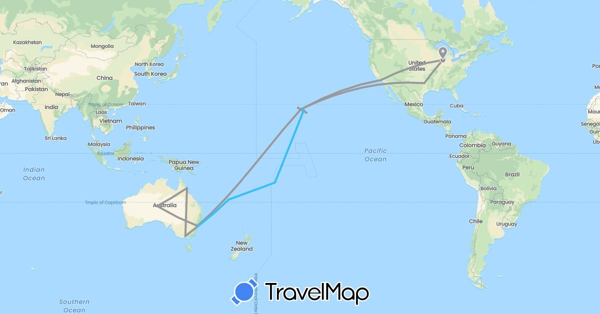 TravelMap itinerary: driving, plane, boat in Australia, Fiji, France, United States (Europe, North America, Oceania)
